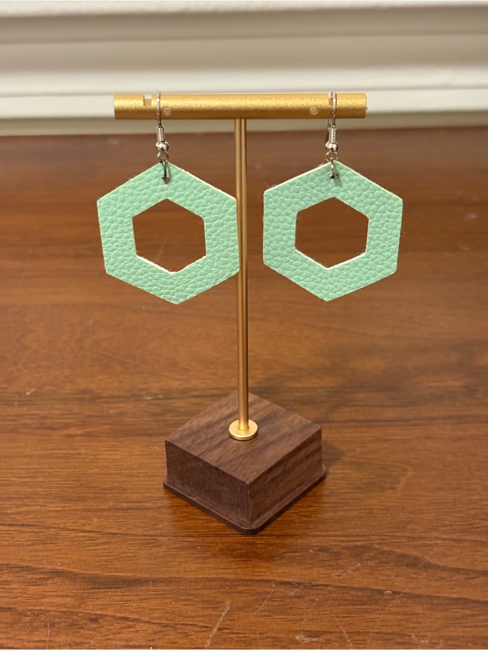 Hexagon Cutout Mint Leather Earrings